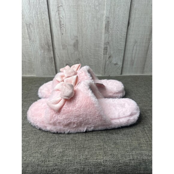 Womens Fuzzy Open Toe Pink Slippers Bow Trim Non-Slip Sole Size M 8-10 - Picture 4 of 7